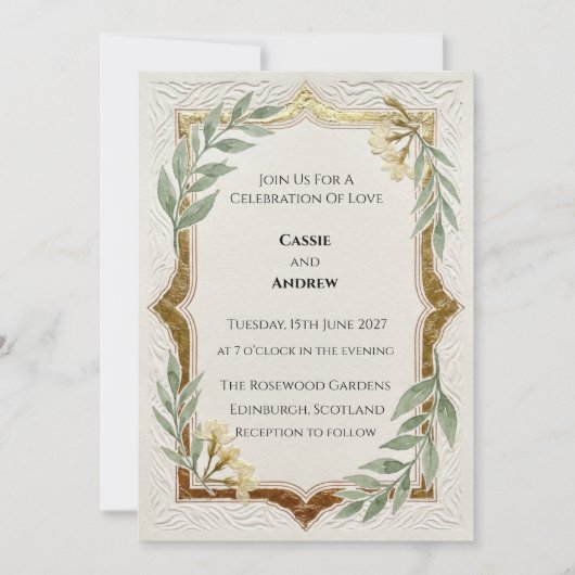 Rusten Groen Gouden Frame Huwelijk Kaart (Voorkant)