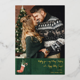 Rusten Groen Hout & Kerstsok Notitie Foto Folie Uitnodiging