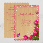 Rusten Hout Roze Bloem Vlinder Trouwmenu Kaart (Voorkant / Achterkant)