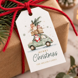 Rusten Kerstmis Kerstman Auto Waterverf Cadeaulabel