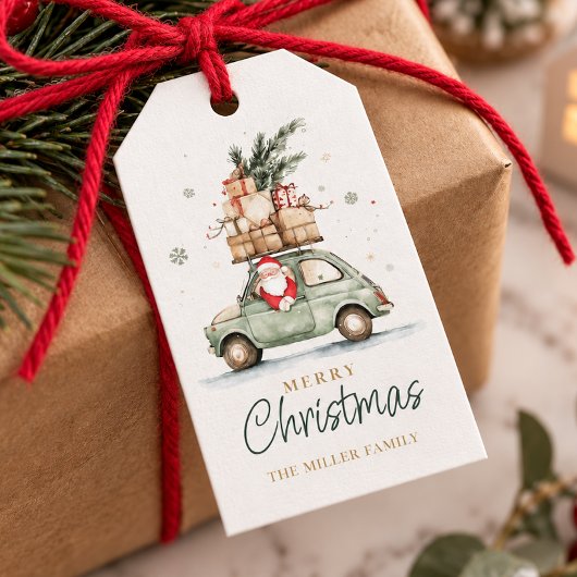 Rusten Kerstmis Kerstman Auto Waterverf Cadeaulabel