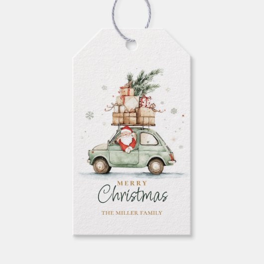 Rusten Kerstmis Kerstman Auto Waterverf Cadeaulabel (Voorkant)