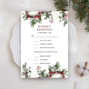 Rusten Pijnboom Rood Bloemstuk Kerst Huwelijk RSVP Kaartje
