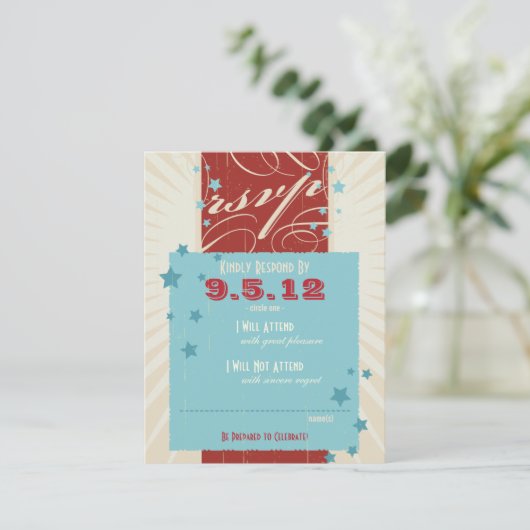 Rusten Poster: Rood, Wit & Blauw Trouwfeest RSVP Kaart (Staand voorkant)