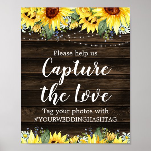 Rusten Zonnebloem Slingerlichten Huwelijk Hashtag Poster (Voorkant)