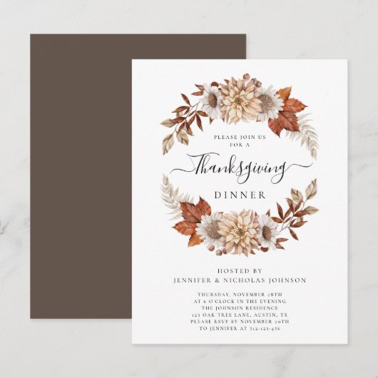 Rustenbruine herfstbladeren Thanksgiving-diner Uitnodiging Briefkaart (Voorkant / Achterkant)