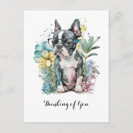 Rustend "Boston" Gezicht Boston Puppy Bril Bloemig Briefkaart