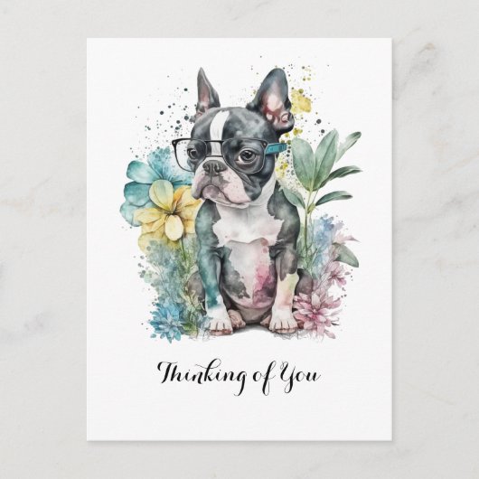 Rustend "Boston" Gezicht Boston Puppy Bril Bloemig Briefkaart (Voorkant)