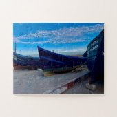 Rustende Blauwe Boten op de Kust van Essaouira Legpuzzel (Horizontaal)