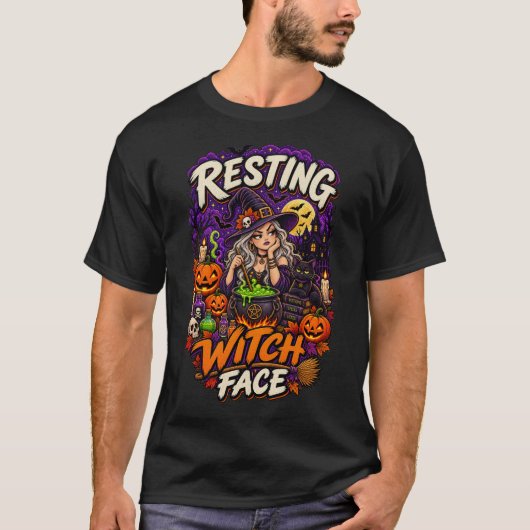 Rustende Heksengezicht Grappige Halloween Heks T-shirt (Voorkant)