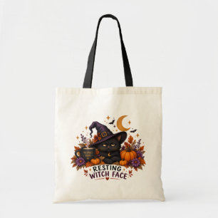 Rustende Heksengezicht Zwarte Kat Halloween Tote Bag