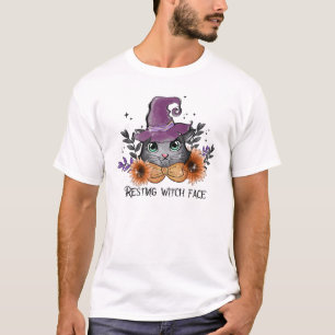 Rustende heksengezicht - Zwarte kat met bloem T-shirt