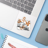 Rustende Leeuw en Herfstbladeren - Lijnwerkstijl Sticker (Laptop met iPhone)