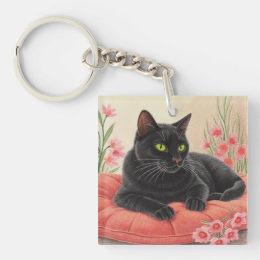 Rustende zwarte kat sleutelhanger (Voorkant)