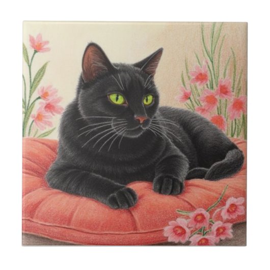 Rustende zwarte kat tegeltje (Voorkant)