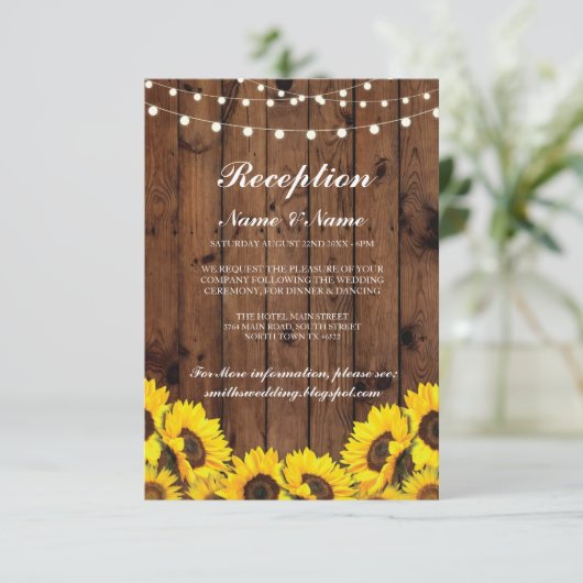 Rustenke trouwreceptiekaarten zonnebloem hout kaart (Staand voorkant)
