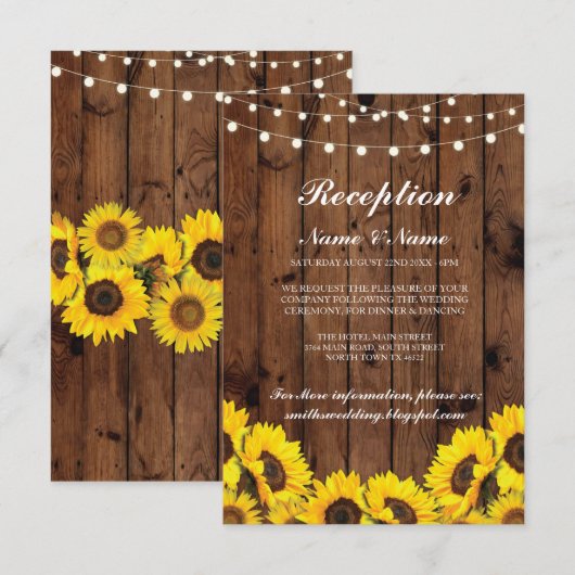 Rustenke trouwreceptiekaarten zonnebloem hout kaart (Voorkant / Achterkant)