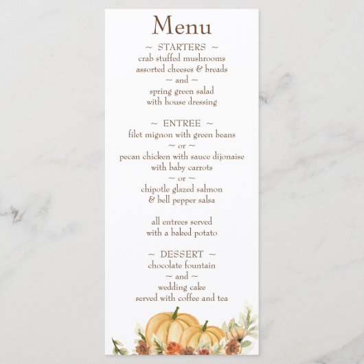 Rustenwaterverf Pompoen Retouradres Bruiloft Menu (Voorkant)