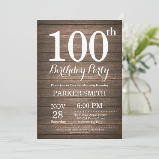 Rustic 100th Birthday Invitation Kaart (Staand voorkant)
