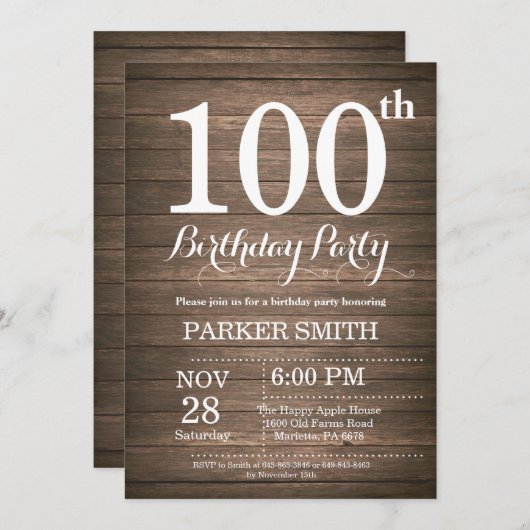 Rustic 100th Birthday Invitation Kaart (Voorkant / Achterkant)