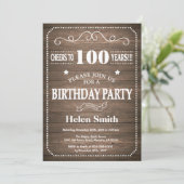 Rustic 100th Birthday Invitation  Retro Kaart (Staand voorkant)