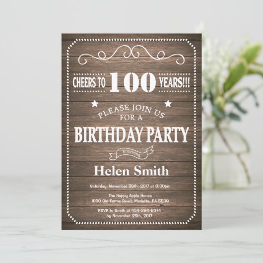 Rustic 100th Birthday Invitation  Retro Kaart (Staand voorkant)