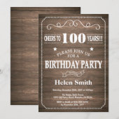 Rustic 100th Birthday Invitation  Retro Kaart (Voorkant / Achterkant)