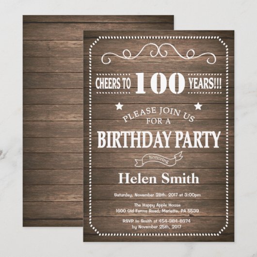 Rustic 100th Birthday Invitation  Retro Kaart (Voorkant / Achterkant)