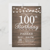 Rustic 100th Birthday Invitation String Lights Kaart (Voorkant)