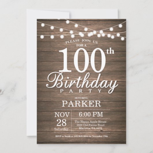 Rustic 100th Birthday Invitation String Lights Kaart (Voorkant)