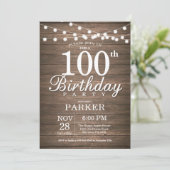 Rustic 100th Birthday Invitation String Lights Kaart (Staand voorkant)