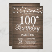 Rustic 100th Birthday Invitation String Lights Kaart (Voorkant / Achterkant)