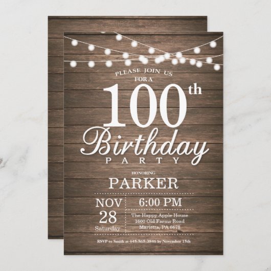 Rustic 100th Birthday Invitation String Lights Kaart (Voorkant / Achterkant)
