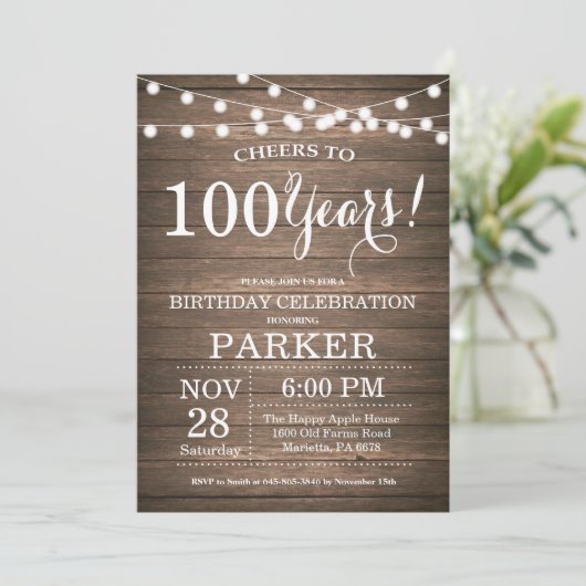 Rustic 100th Birthday Invitation Wood Kaart (Staand voorkant)
