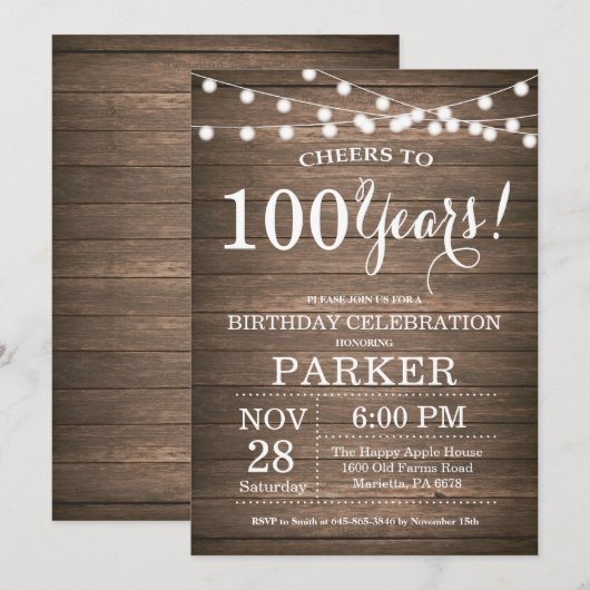 Rustic 100th Birthday Invitation Wood Kaart (Voorkant / Achterkant)