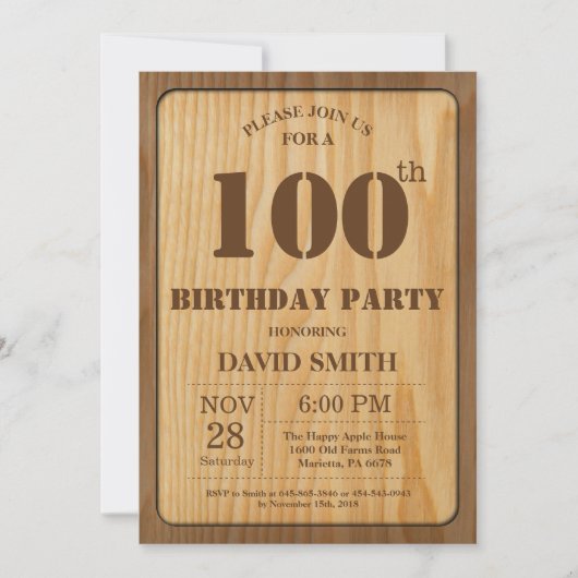 Rustic 100th Birthday Invitation  Wood Kaart (Voorkant)