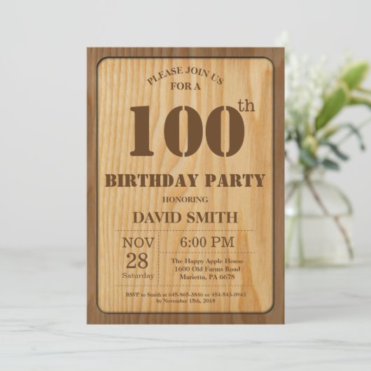 Rustic 100th Birthday Invitation  Wood Kaart (Staand voorkant)