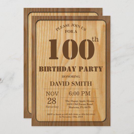 Rustic 100th Birthday Invitation  Wood Kaart (Voorkant / Achterkant)