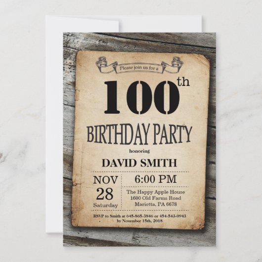 Rustic 100th Birthday Invitation Wood Kaart (Voorkant)
