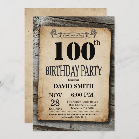 Rustic 100th Birthday Invitation  Wood Kaart (Voorkant / Achterkant)