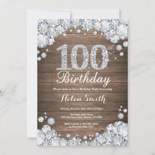 Rustic 100th Birthday Silver Diamond Kaart (Voorkant)