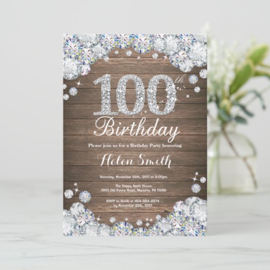 Rustic 100th Birthday Silver Diamond Kaart (Staand voorkant)