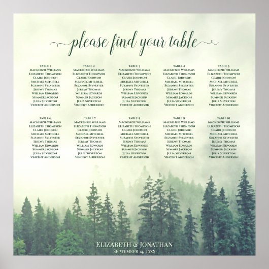 Rustic 10 Table Foggy Green Pines Seating Chart Poster (Voorkant)
