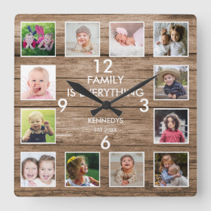 Rustic 12 Foto Collage Family Quote ReclaegdWood Vierkante Klok