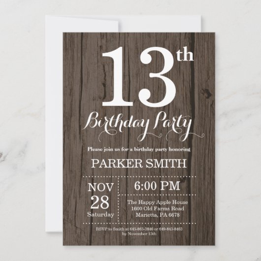 Rustic 13th Birthday Invitation Kaart (Voorkant)