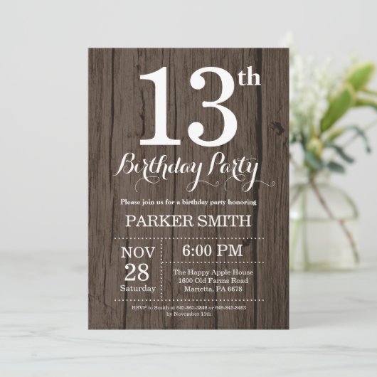 Rustic 13th Birthday Invitation Kaart (Staand voorkant)