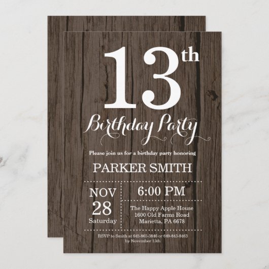 Rustic 13th Birthday Invitation Kaart (Voorkant / Achterkant)