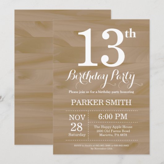 Rustic 13th Birthday Invitation Kaart (Voorkant / Achterkant)