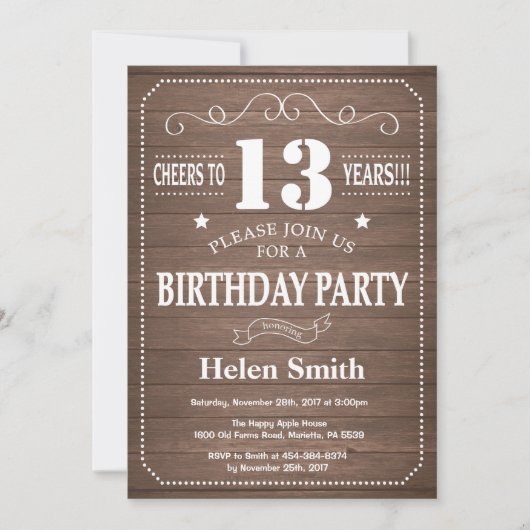 Rustic 13th Birthday Invitation Kaart (Voorkant)