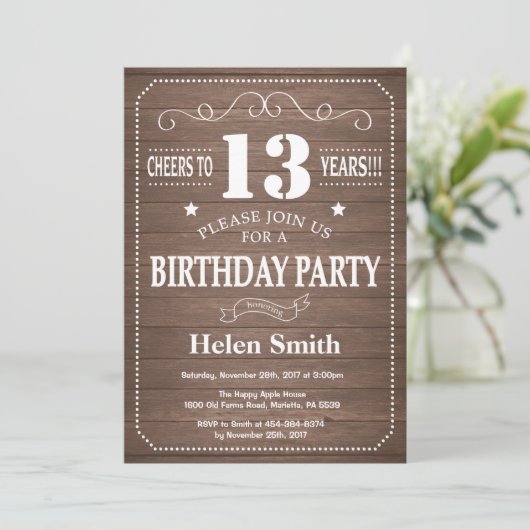 Rustic 13th Birthday Invitation Kaart (Staand voorkant)